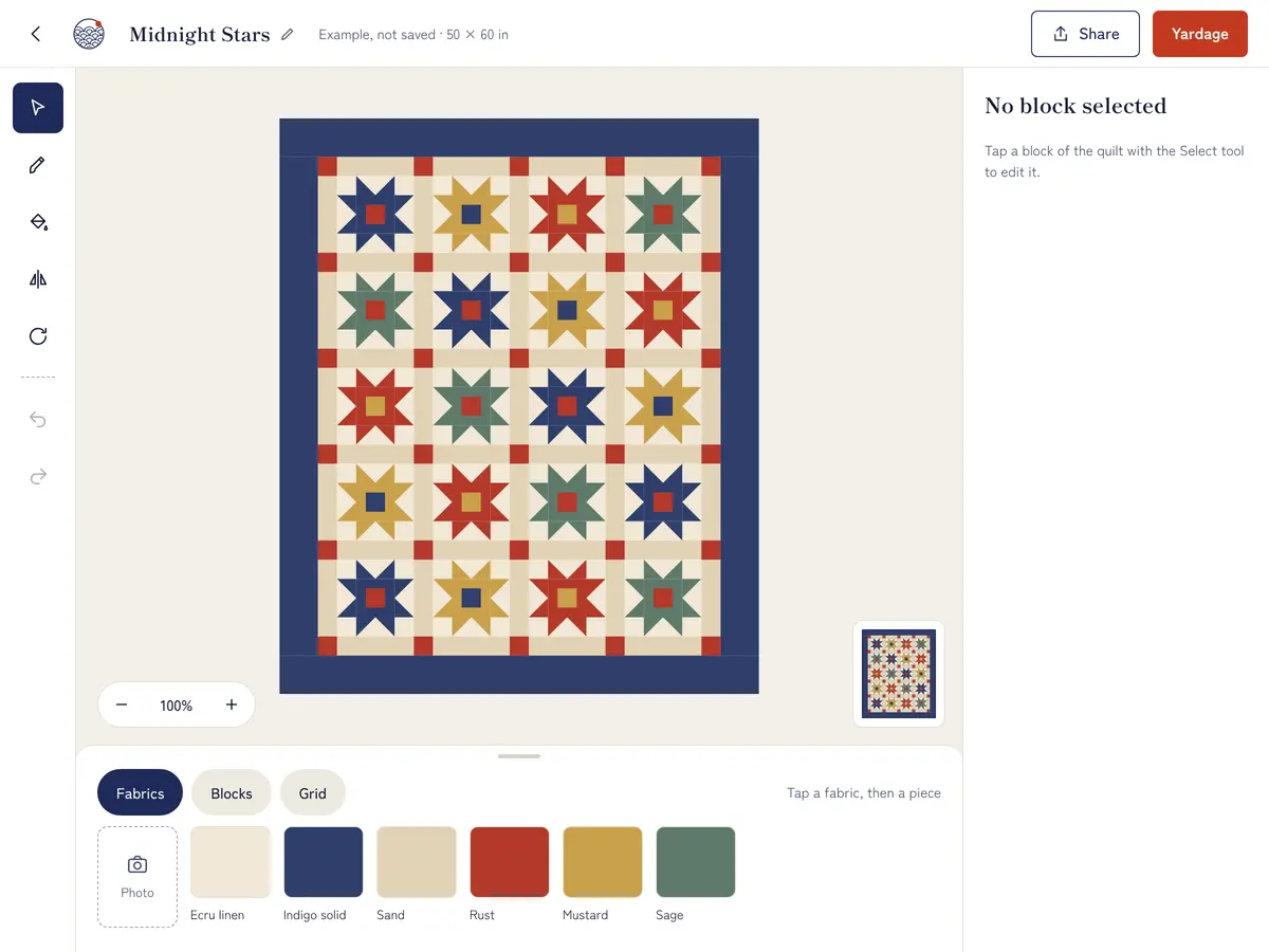 The editor: the “Midnight Stars” quilt, its blocks and its fabrics